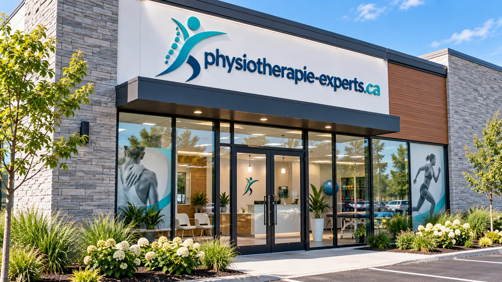 Façade d'une clinique de physiothérapie avec entrée vitrée et stationnement accessible